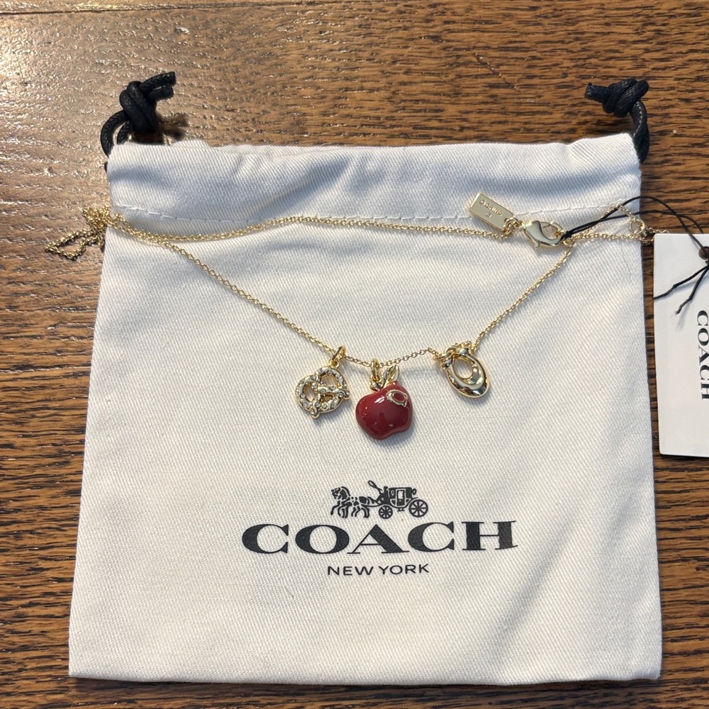 Coach Gold-Tone Necklace with Red Apple Charm